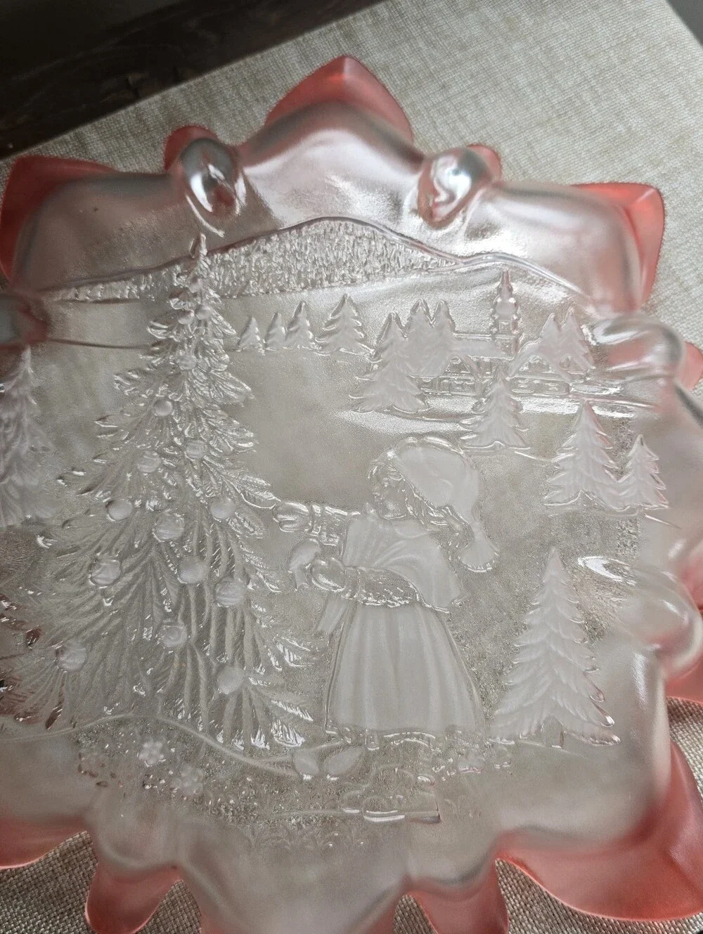 Vintage Frosted Pink Glass Christmas Bowl Girl Decorating Tree 12